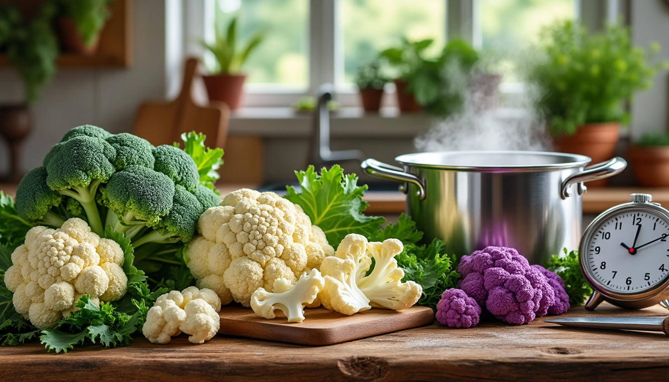 Quel est le temps de cuisson idéal pour un chou-fleur et ses variantes découvrez le temps de cuisson idéal pour le chou-fleur et ses différentes variantes afin de le préparer parfaitement, qu’il soit à la vapeur, bouilli ou au four.